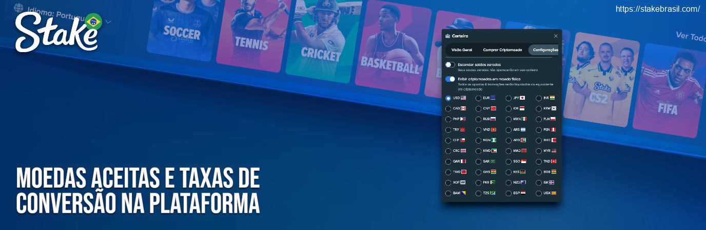 Moedas Aceitas e Taxas de Conversão na Plataforma Stake