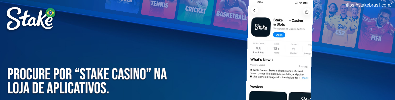 Procure por “Stake Casino” na loja de aplicativos